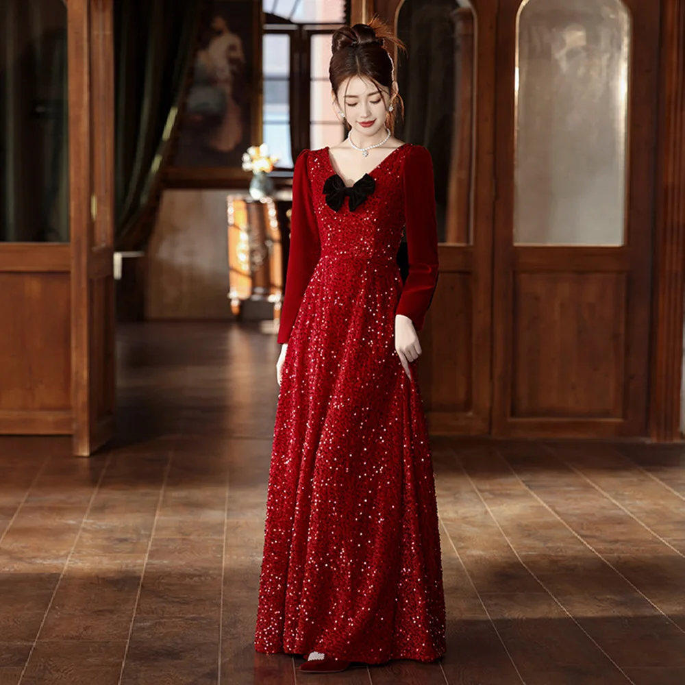 Wine Red Evening Dress Elegant Women's V-Neck Velvet Shinning Sequins Prom Gown Light Luxury Floor-Length Lace Up Vestido