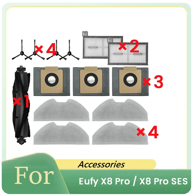 14 Pcs For Eufy X8 Pro / X8 Pro SES Robot Vacuum Cleaner Parts Replacement Main Side Brush Filter Rag Dust Bag