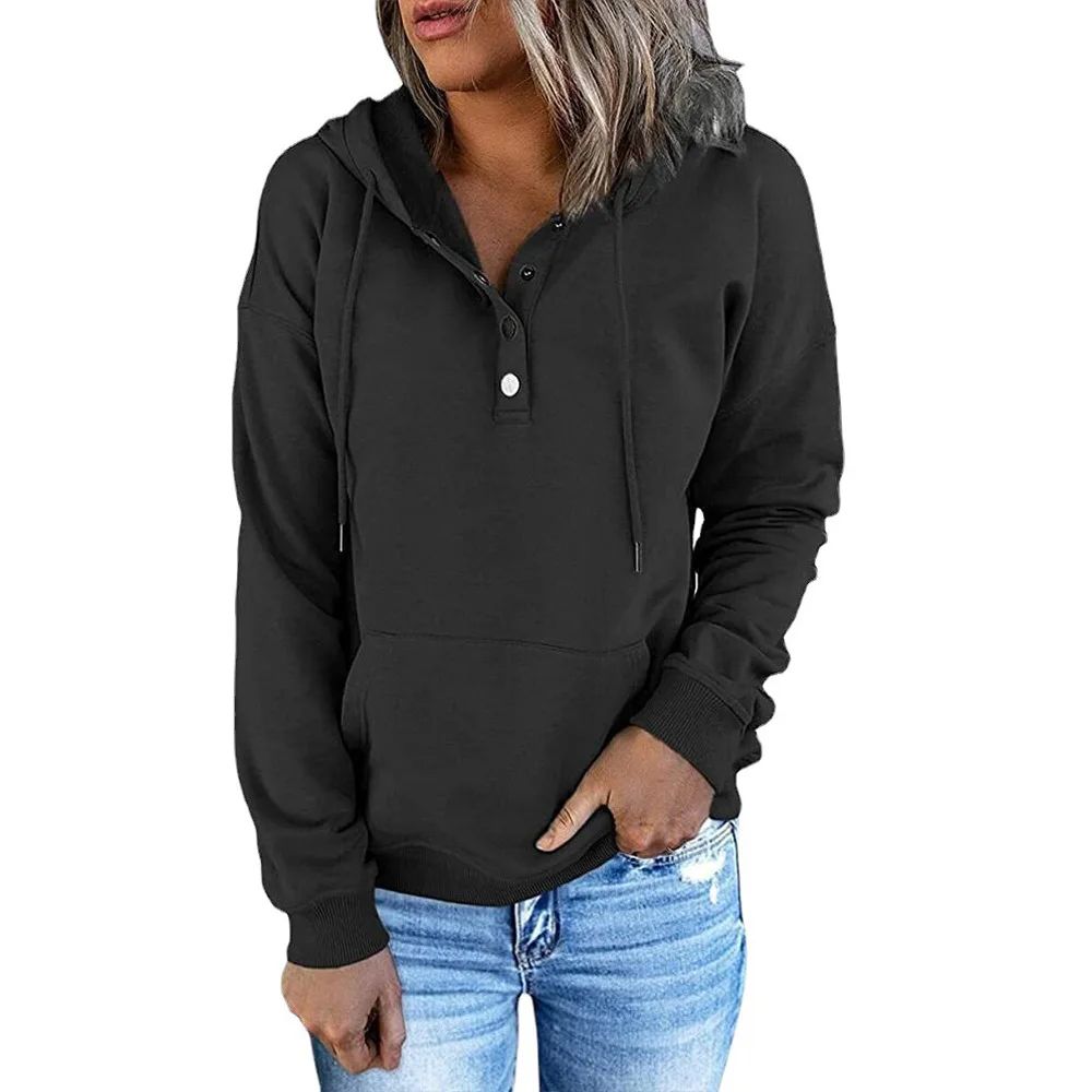 Spring and Autumn Women's Hoodie Solid Color Long Sleeve Button Pullover Top High Street Casual Loose Fashion Sweater