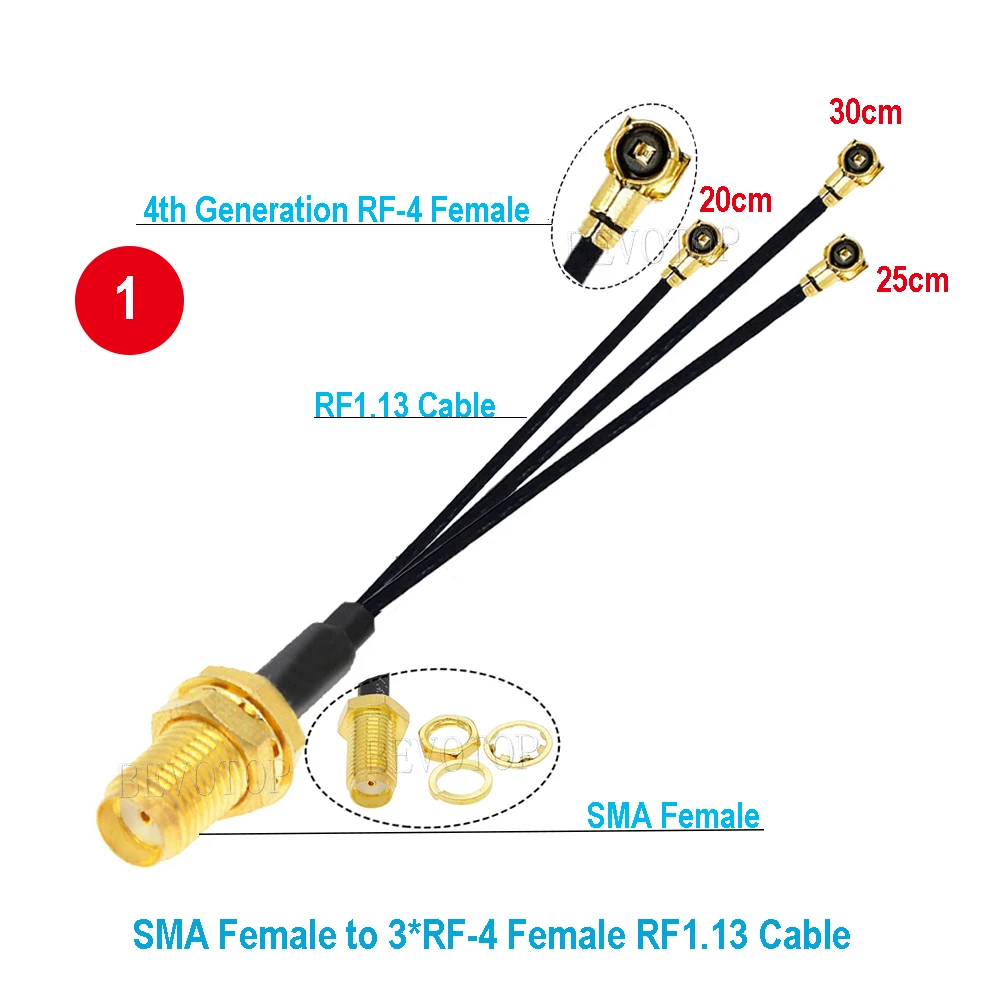 1PCS RF1.13 Cable Splitter SMA / RP-SMA Female to 3 x MHF4 Female Jack 1 to 3 Adapter Combiber 1.13 Pigtail Extension Jumper