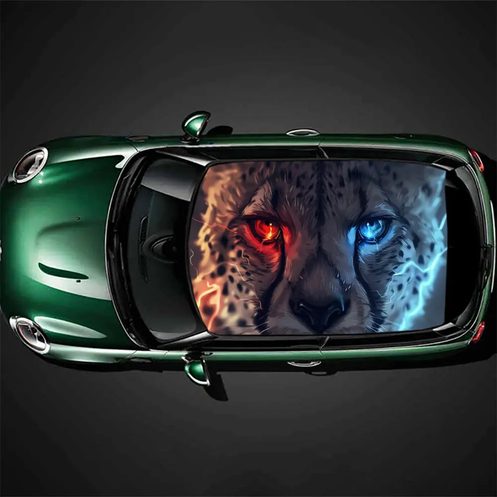 Lightning Leopard with Red Blue Eye Car Roof Sticker Wrap Racing SUV Auto Accessories Packaging PVC Car Hood Graphic Decal Decor