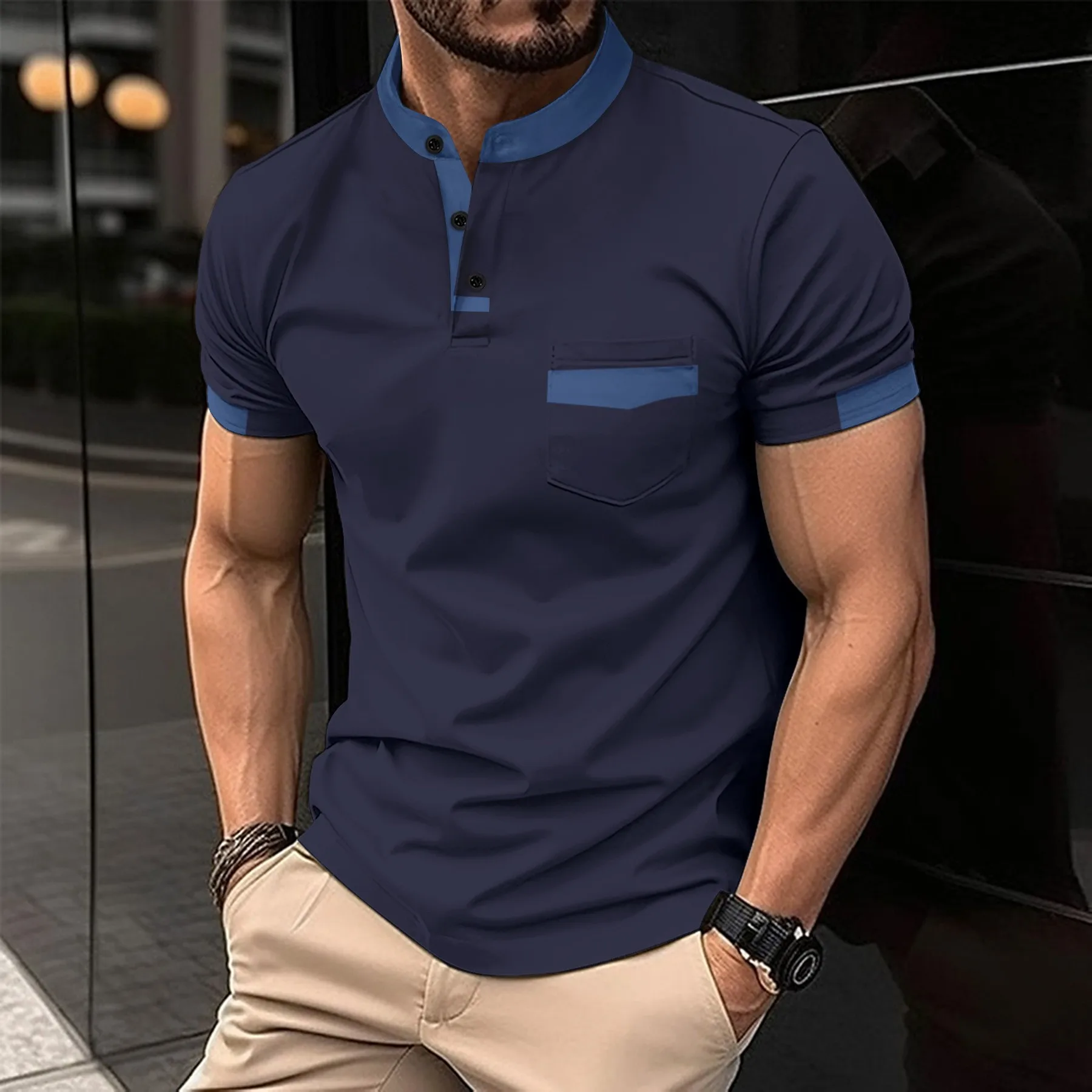

Stand Up Collar Men's Fake Pocket Short Sleeved Polo Shirt Solid Color 3D Digital Printed Polyester Fiber Casual and Comfortable