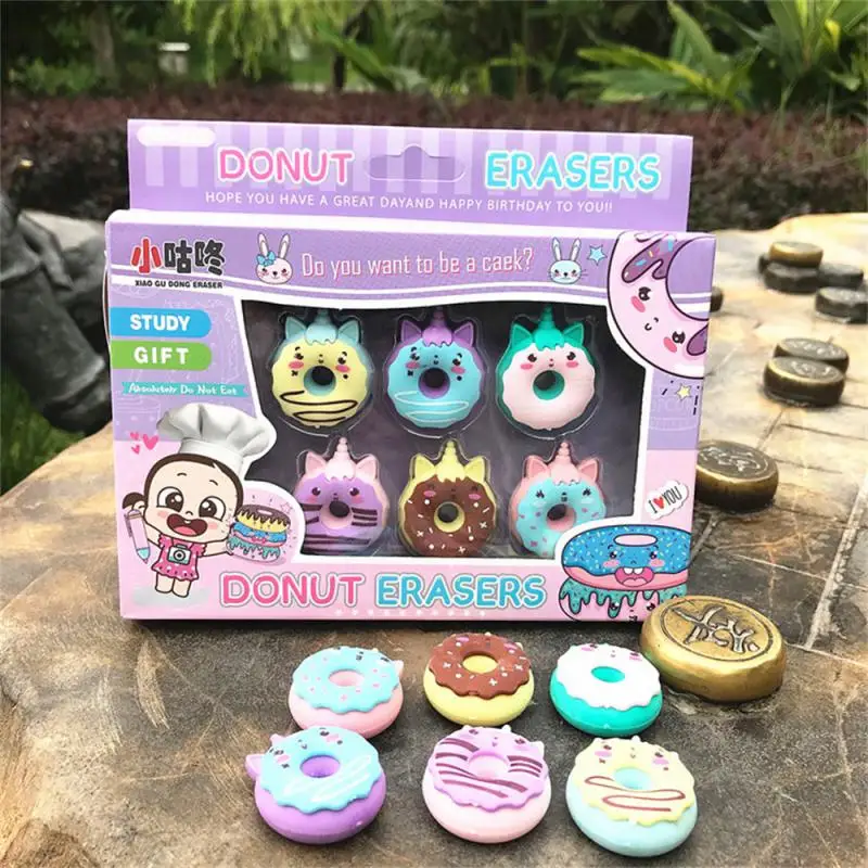 Borrador de goma con forma de donut Kawaii, borradores de lápiz creativos, suministros escolares, papelería, premios geniales para niños y estudiantes, 6 uds.