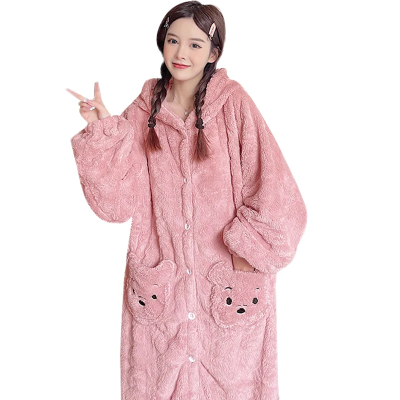 Flannel pajamas for women winter new sweet and lovely cartoon long sleeve robe and pants home wear two pieces