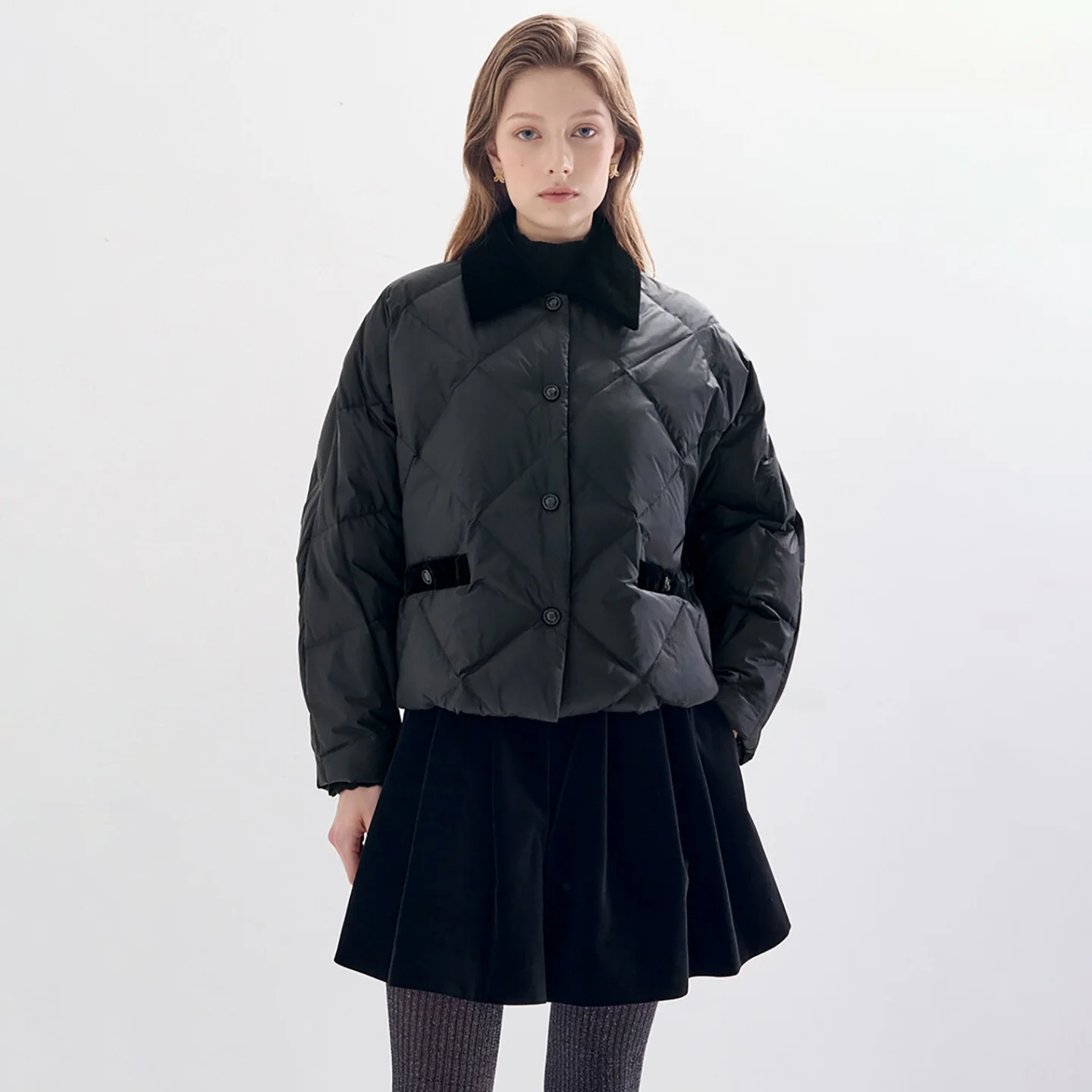 

Warm Thi Goose down Jaet Commuter Sle Quilted Patchwork Collar Coat Korean Version Long Sve Regular Length Loose Fit