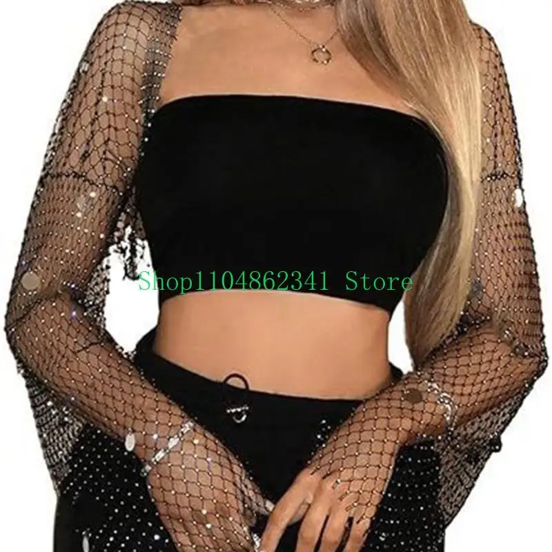 

5asd Sequins Rhinestones Boleros Shrug Long Sleeve Cover Up Cropped Cardigan