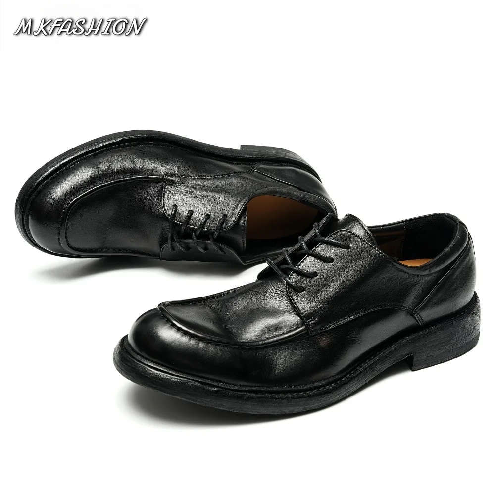 Men's Business Casual Shoes Soft Genuine Leather Round Toe Lace Up Flats Wedding Party Footwear