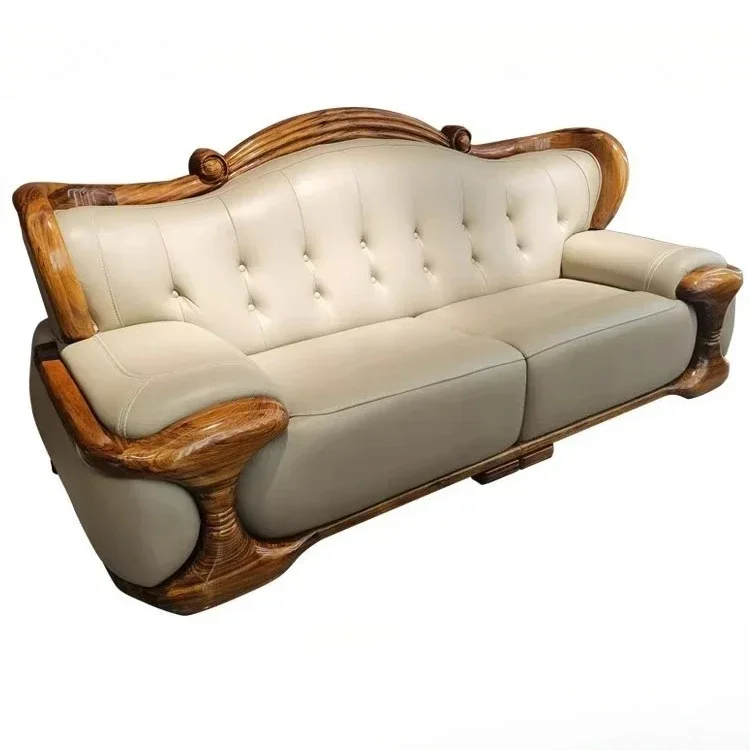 Leather solid wood sofa living room, first floor cowhide villa
