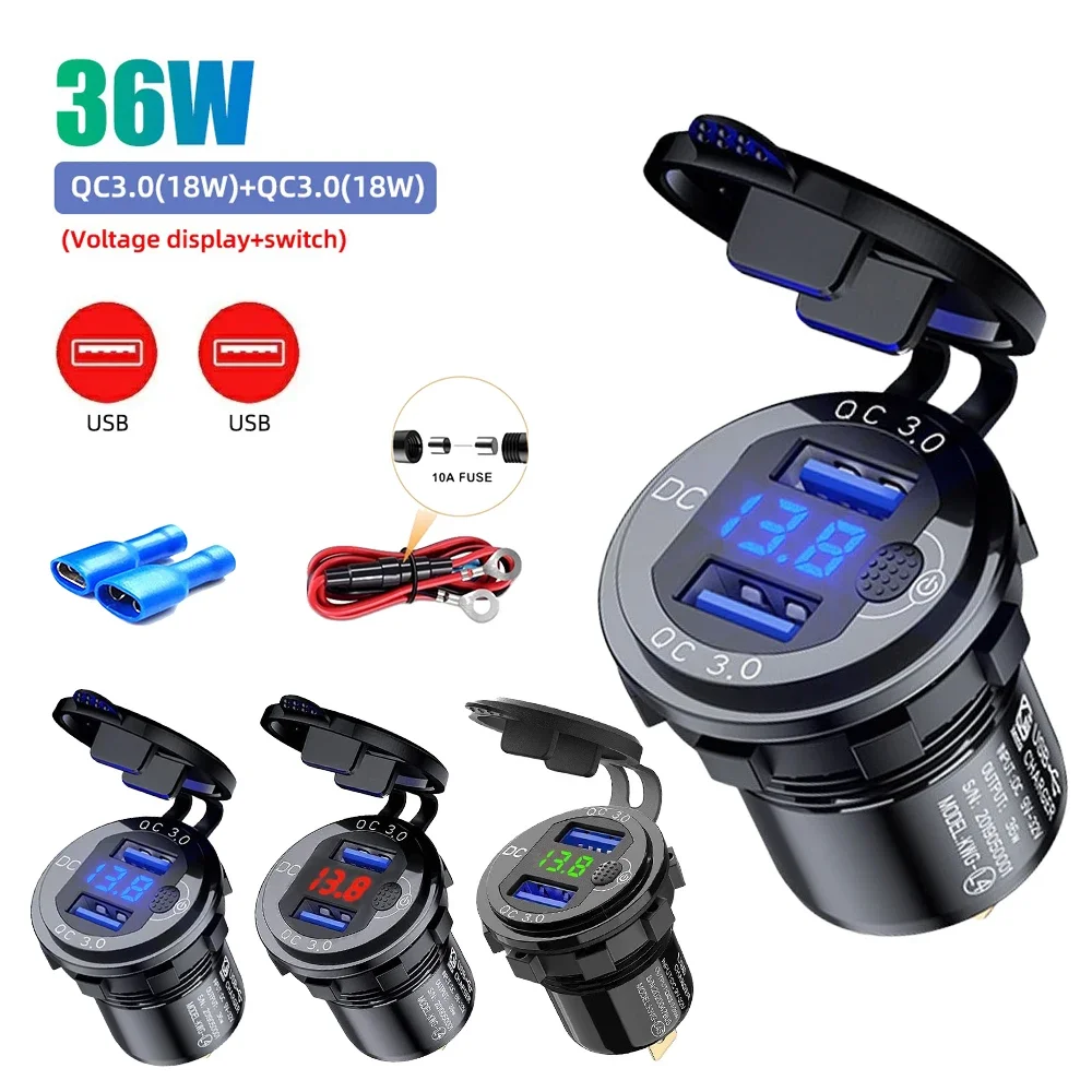 

Upgrade Aluminum 36W QC3.0 Dual USB Ports Car Fast Charger Socket 12V/24V Outlet Adapter with Voltmeter for Boat SUV Sedan RV