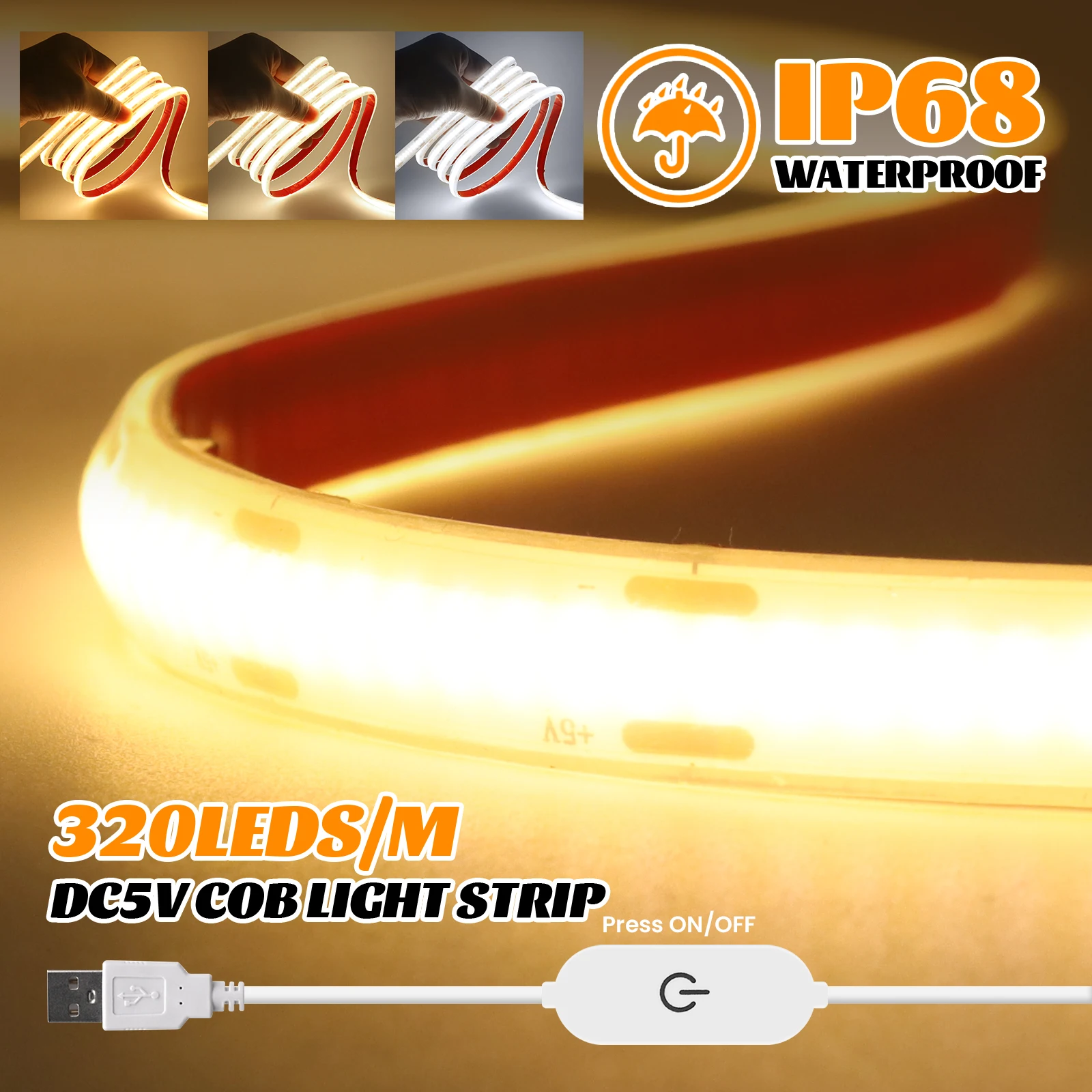 

5V 320LEDs/M IP68 Waterproof COB Strip Light USB Touch Dimmable 3000K 4000K 6000K Flexible Ribbon LED Tape Outdoor Lamp