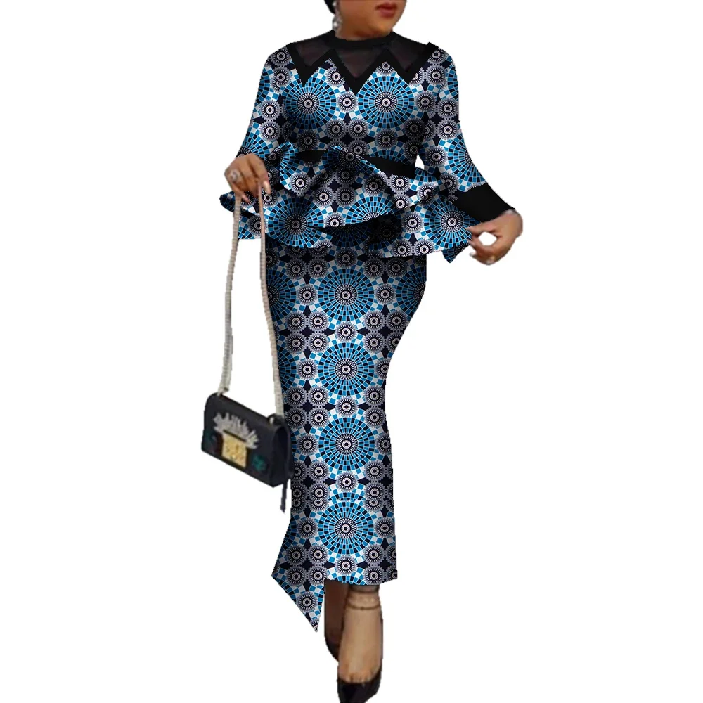 Afrikaanse Print Kleding Vrouwen Afrikaanse Outift 2 Delige Set Ruches Tops En Rok Vrouwen Rokken Suit Party Dress Custom Made WY6139