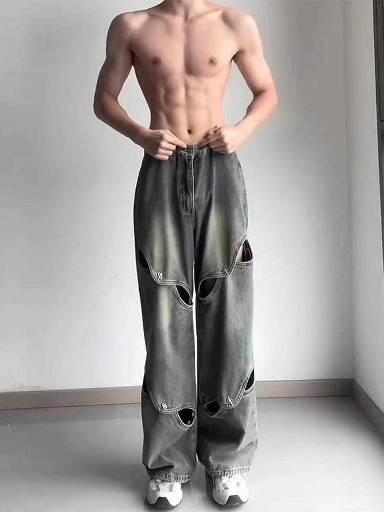 

Мужские джинсы в стиле ретро, синие, летние, в уличном стиле, с деконструктивными вставками, с дырками, прямые, рабочие брюки