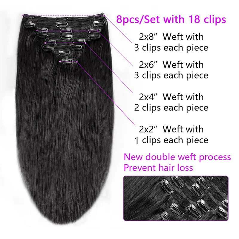 Clip In Hair Extension Human Hair Full Head Brazilian Remy 100% Unprocessed Human Hair Extensions 16 To 26 Inches Seamless 8Pcs