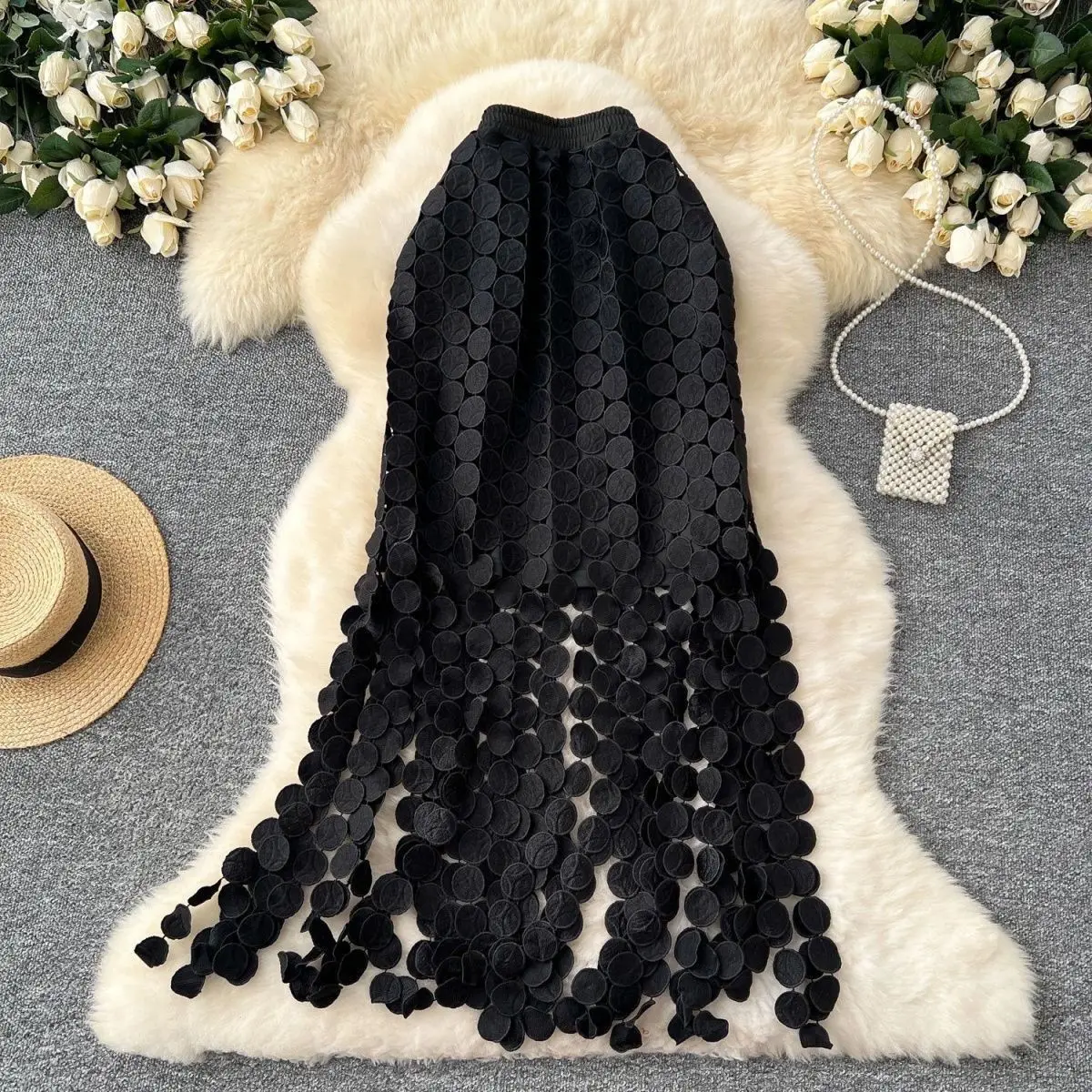 Hollow Polka Dot Fringed Skirt Women's 2026 Spring and Autumn New French High Waist Medium and Long A-shaped Straight Skirt