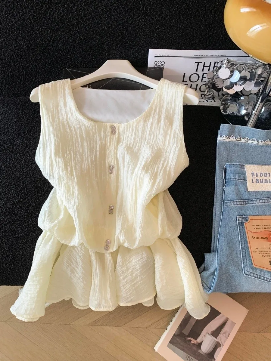 

Sweet Texture Vest Summer Loose Slimming Blouse with Ruffle Hem Sleeveless Korean Style Commute Wind Women's Top