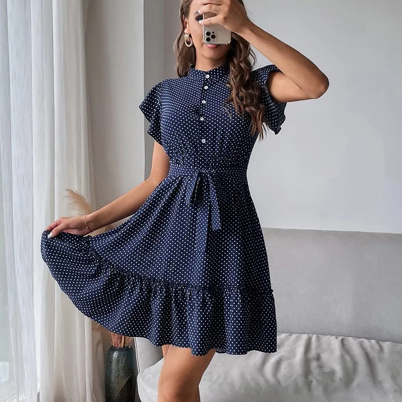 Women's Dot Mini Dress European And American Fashion And Elegant Belt Lotus Leaf Sleeve Dresses For Women Apricot Pink