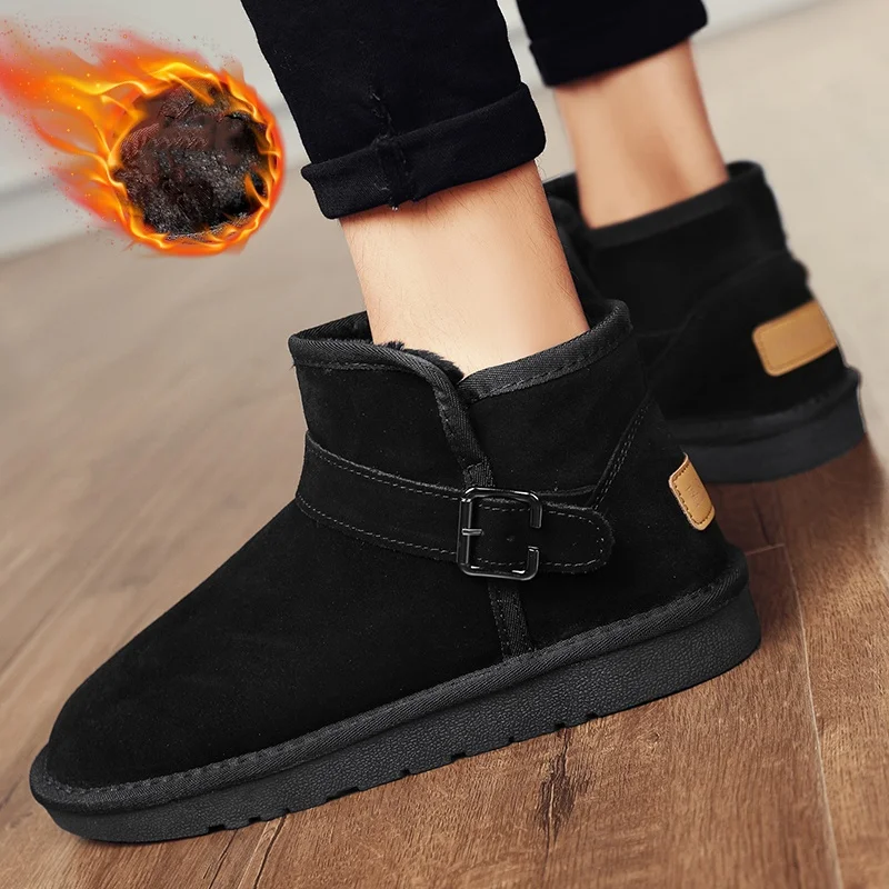 Men's Short Buckle Snow Boots with Thick Plush Lining for Autumn and Winter, Cold-Proof and Non-Slip Casual Large Size Cotton Boots