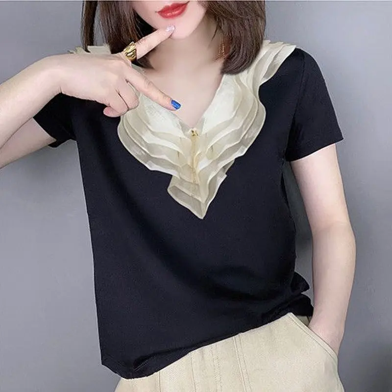 Fashion Multilayer Ruffles Patchwork T-shirt Women's Clothing Elegant V-Neck Summer Short Sleeve Solid Color All-match Pullovers