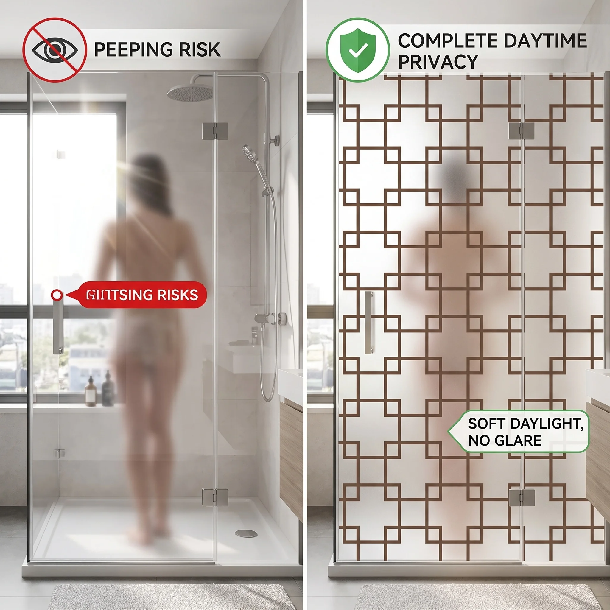 Self‑Adhesive Chinese Lattice Window Film Frosted Privacy Glass Sticker Brown Geometric Grid Pattern Anti‑Glare Decor Window