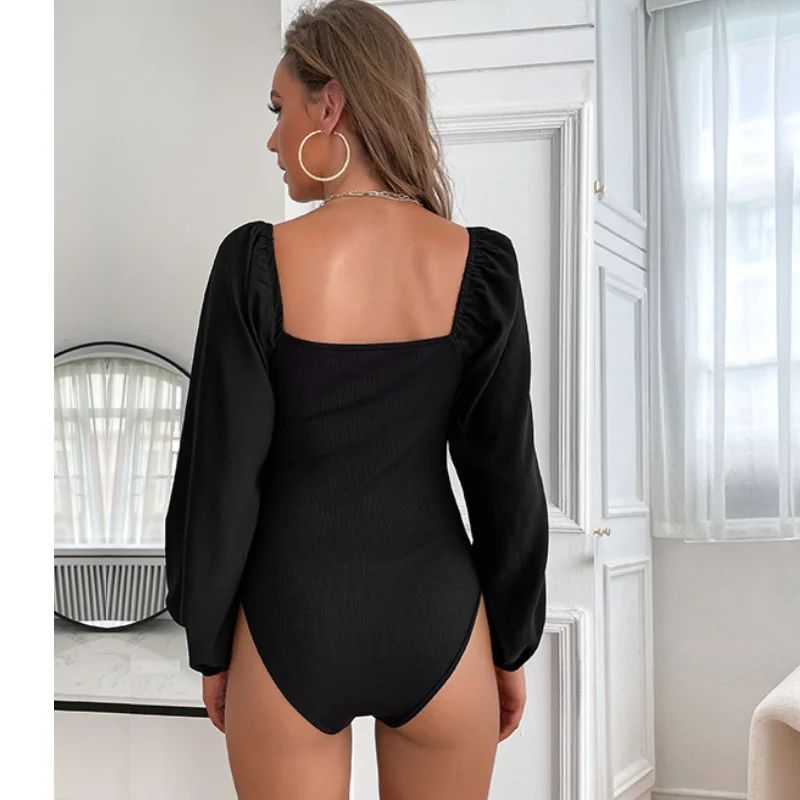 Deep V Neck Bodysuits for Women Long Sleeve Tops Clothing Basic Female Front kink Jumpsuits Bodycon Outfits Shapewear Bodyshaper