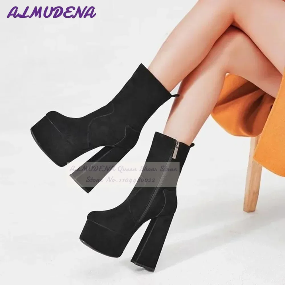 ALMUDENA Women Platform Ankle Boots Black Suede Snakeskin Block Chunky High Heels Short Booties Crocodile Pumps Size47 Shoes