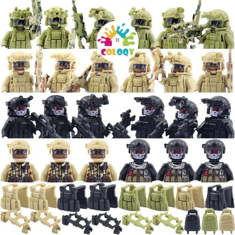 Blocos de construção para crianças, forças especiais, polícia, mini soldado, boneca, acessórios militares, conjunto de armas, loja por atacado, ww2, crianças