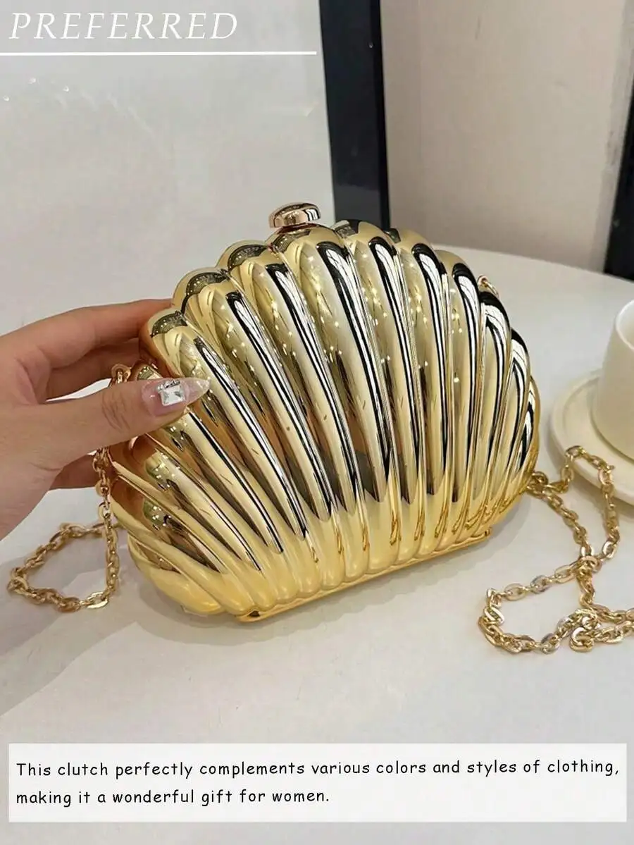 

Elegant Gold Shell Clutch With Chain Strap For Women Formal Events Parties Weddings And Evening Outfits