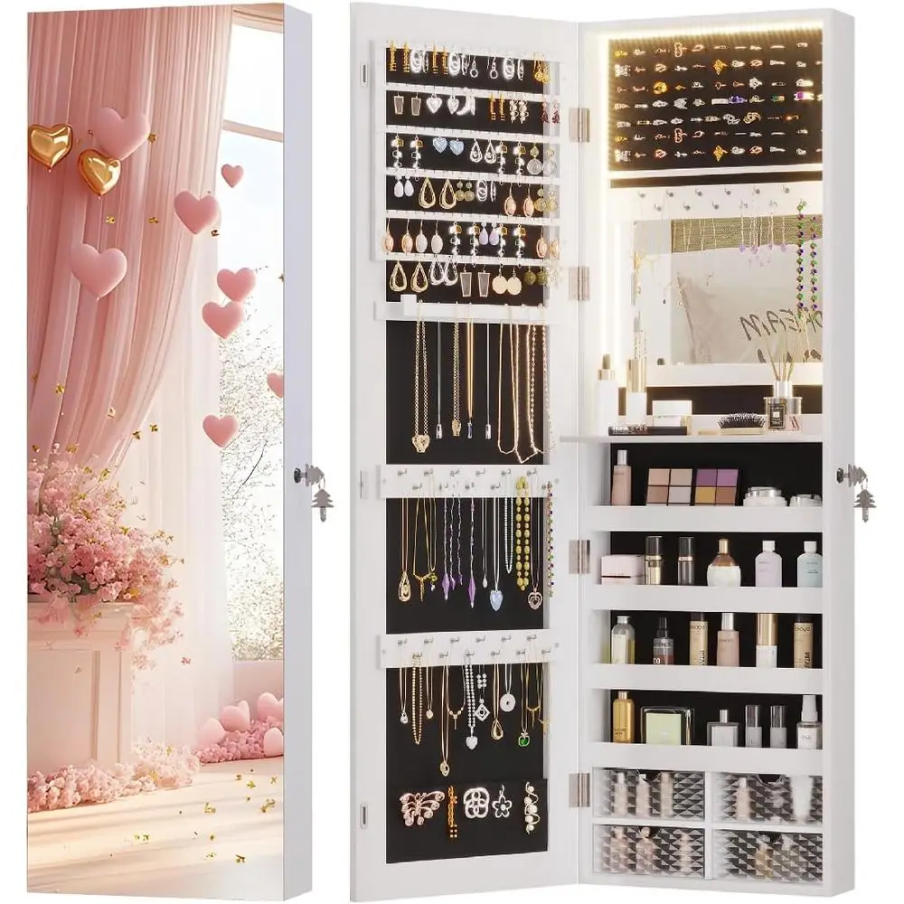 47.2 Wall-Mounted LED Lighted Mirror Cabinet with Full-Length Mirror, Large Storage, 4 Drawers, 5 Shelves, White