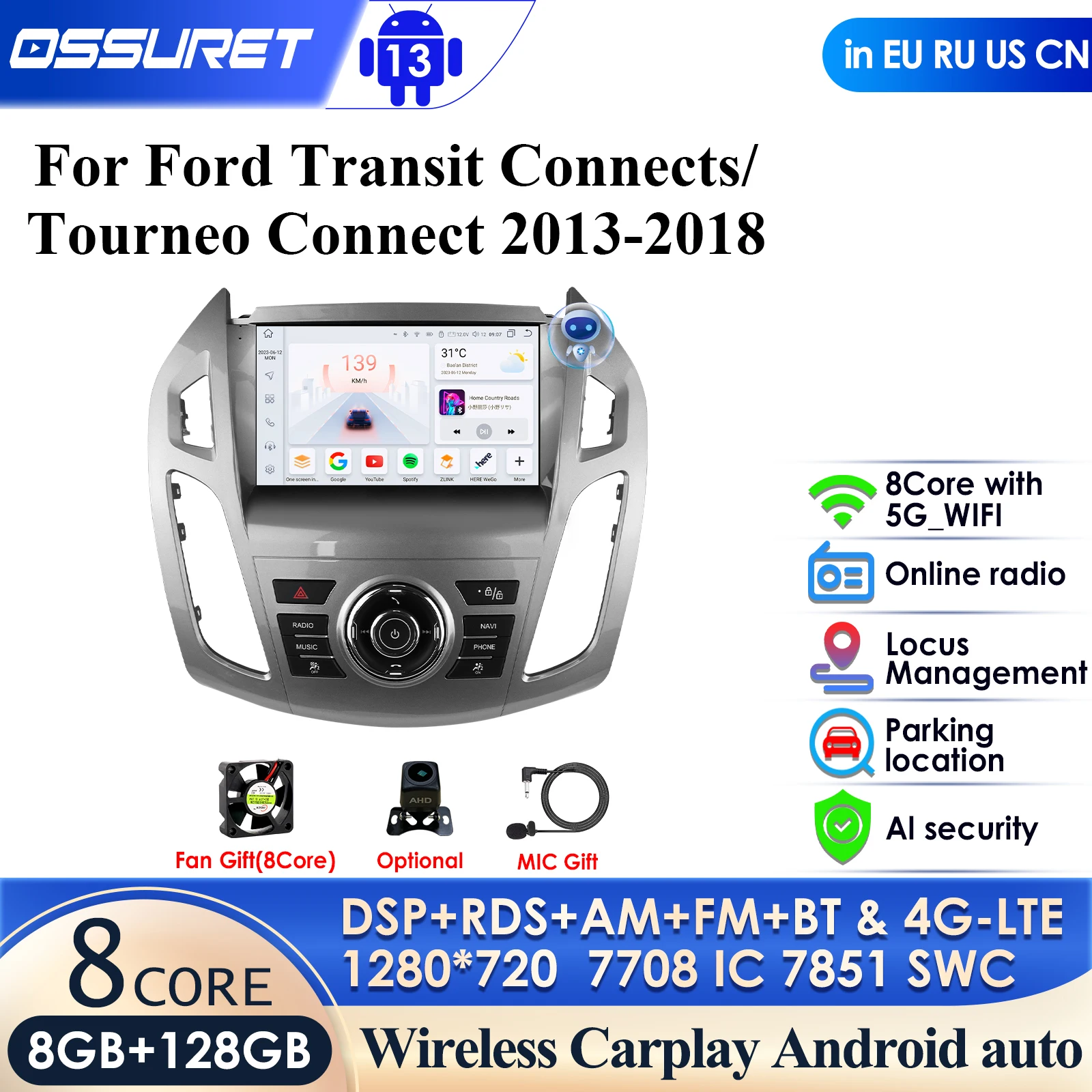 

Carplay 4G-LTE 8581 DSP 2 Din Android Car Radio GPS for Ford Transit Connect 2013-2018 Ford Tourneo Connect Multimedia Video RDS