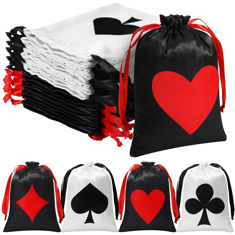 36pcs/lot 13x18cm 5x7 inch Poker Satin Pouches Las Vegas Casino Game Dices Keychains Drawstring Gift Packaging Bags