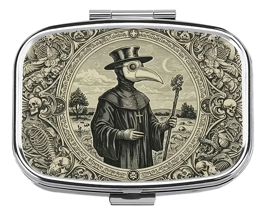 Gothic Plague Doctor Metal Pill Box, Small Portable Travel Pill Holder, Antique Art Decor Storage Case for Pills & Vitamins