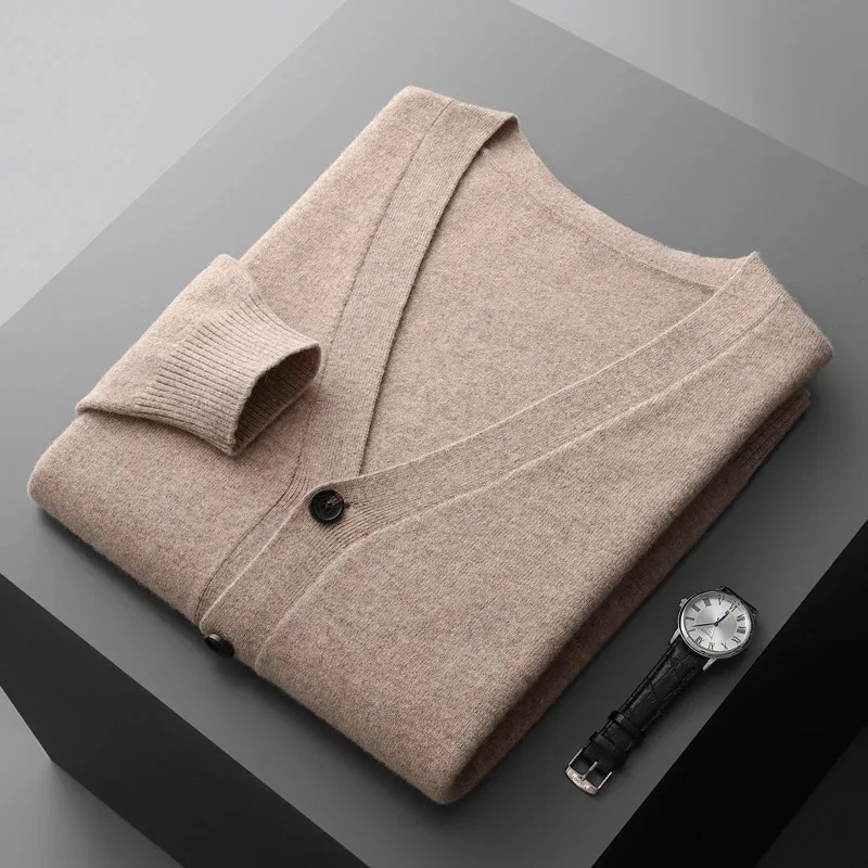 

Autumn And Winter 100% Pure Wool Men's Cardigan Cashmere Sweater Knitted Jacket Solid Color Long-Sleeved High Quality Top
