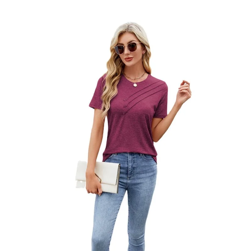 Women's Diagonal Stripe Button Detail Crew Neck T-Shirt Short Sleeve Casual Slim Fit Summer Tops