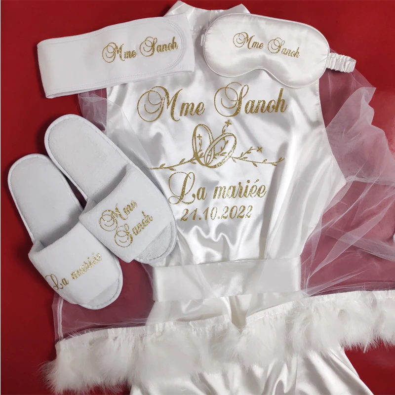 Customize Name Date Wedding Feather Bride Robe Bridesmaid Bathrobe Nightwear Long Elegant Woman Gown Sexy Nightgown for Party