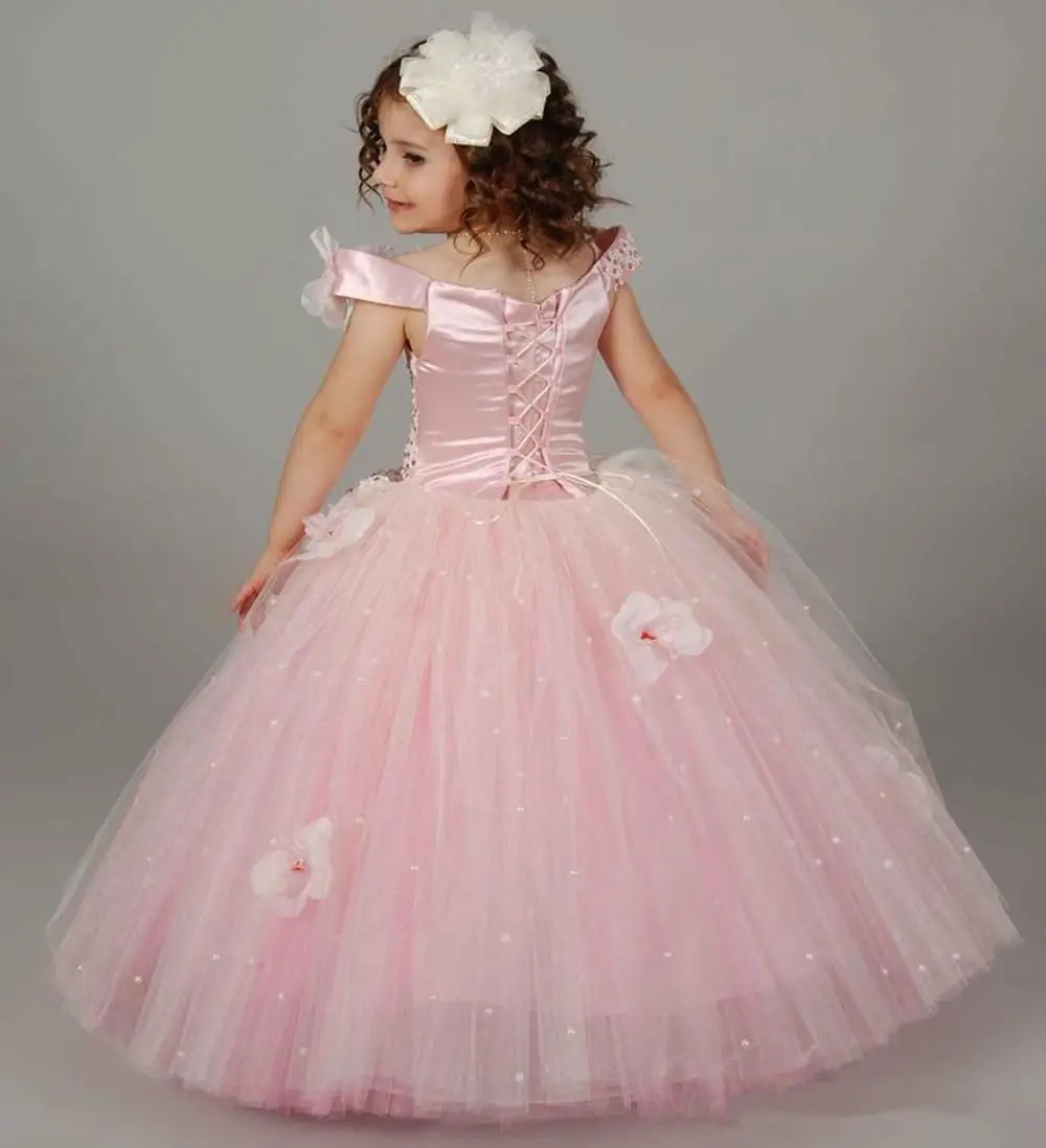 Elegant Sleeveless Tulle Decal Pink Angel Princess Flower Girl Dresses Wedding Party Ball First Communion Dresses Kids Gift