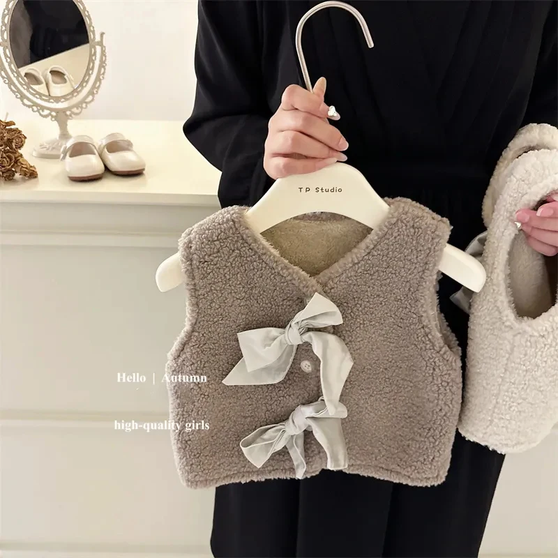 Autumn Winter Berber Fleece Girls' Vest Warm Children's Vest Baby All-match Tops Bow-knot Cardigan Single-breasted Waistcoat