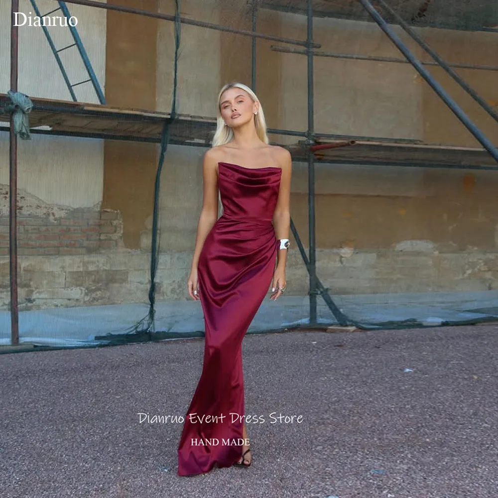 

Dianruo Burgundy Mermaid Eye Catching Evening Dresses Ruched Satin Guest Dresses Strapless Fashion Robes De Cocktail Customized