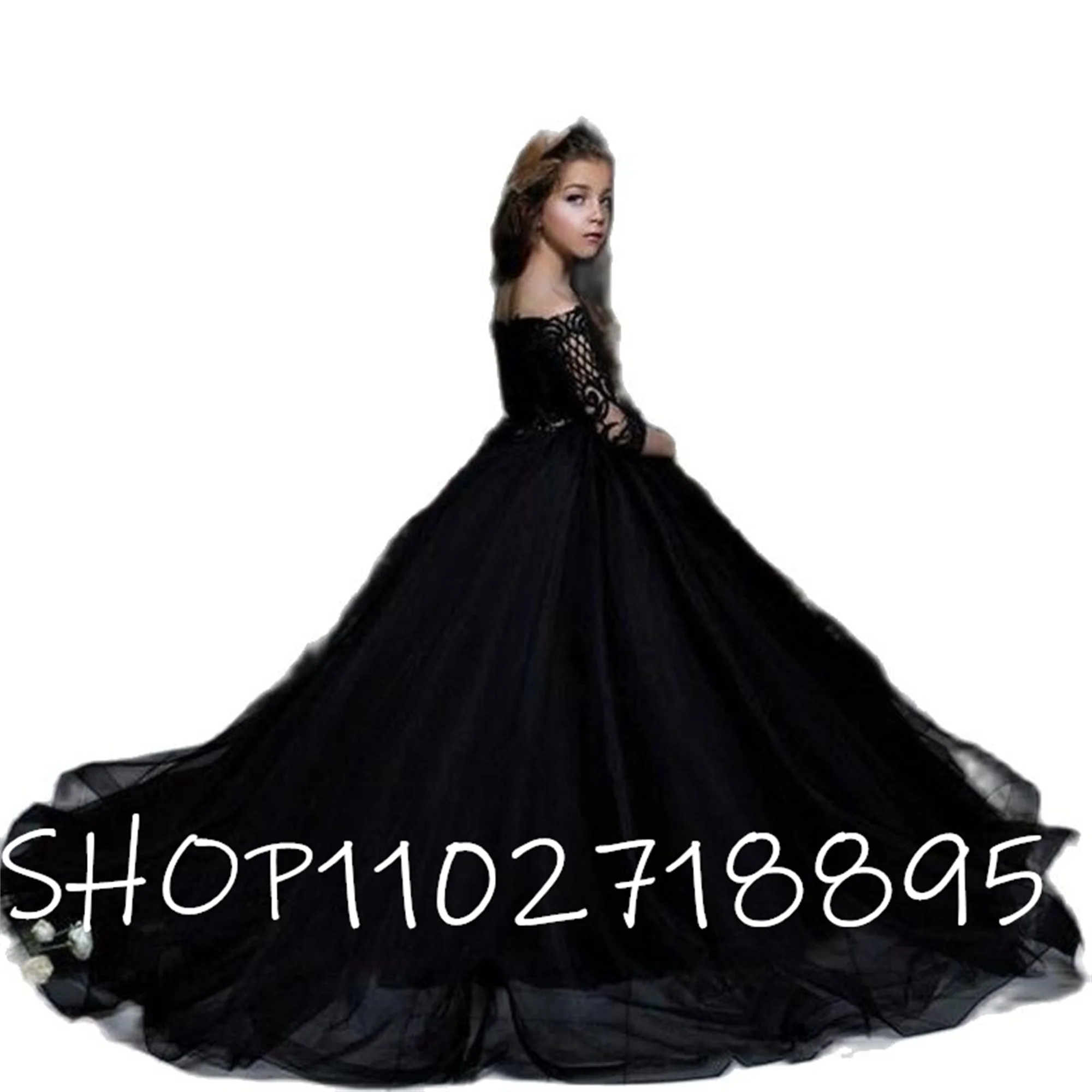 

Black Flower Girl Dresses A Line Bateau Long Sleeve Sweep Train Girls Pageant Gowns With Lace Tulle For Wedding Party