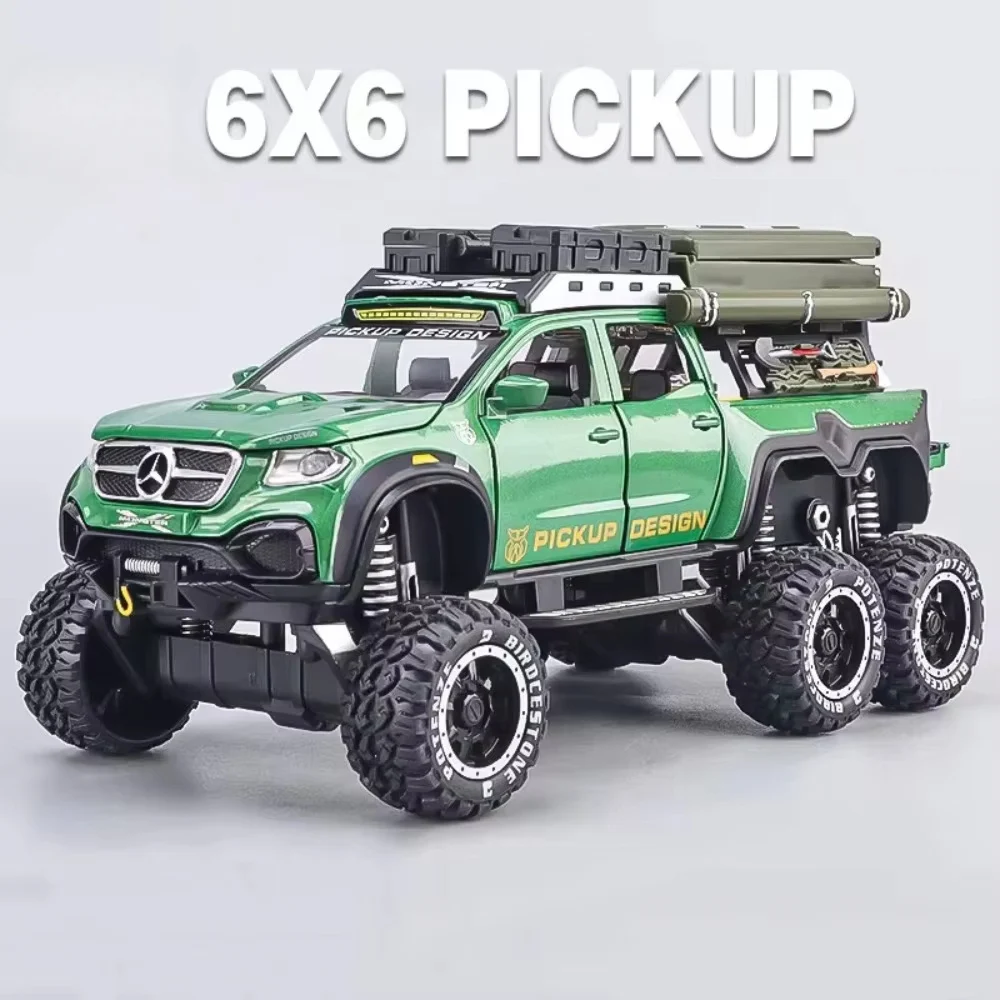 

1:28 X-Class 6X6 Alloy Camping Car Model Toys Diecast Pickup Doors Opened with Sound Light Pull Back Vehices Boy's Birthday Gift