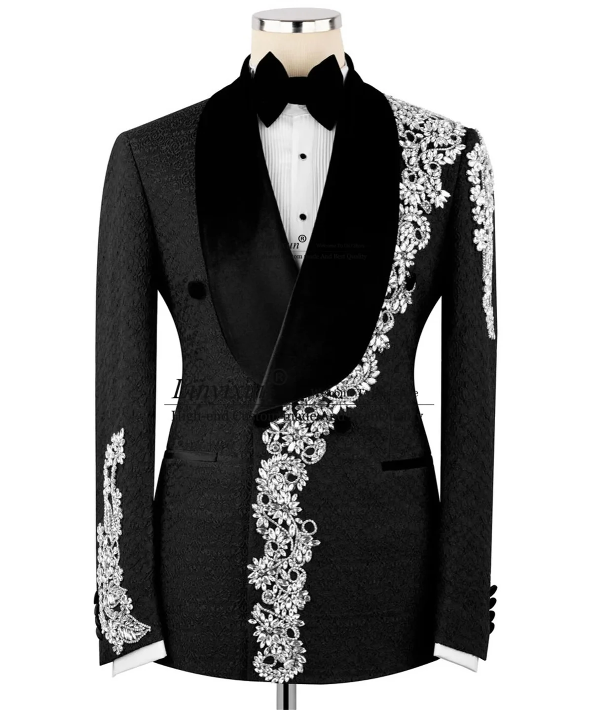 Fashion Jacquard Men Suits 2 Piece Sets Groom Male Blazers Glitter Jewelry Stones Customized Wedding Tuxedo Slim Fit Ropa hombre