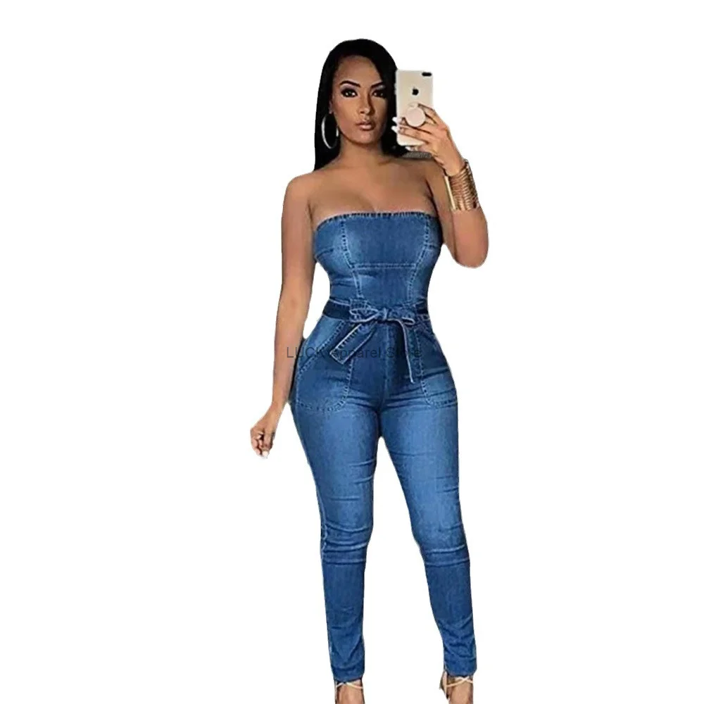 Russian Quality Jeans Fashion Strapless Elastic Jumpsuit Jeans Women Sexy Pants Women Fashion Jeans Pants