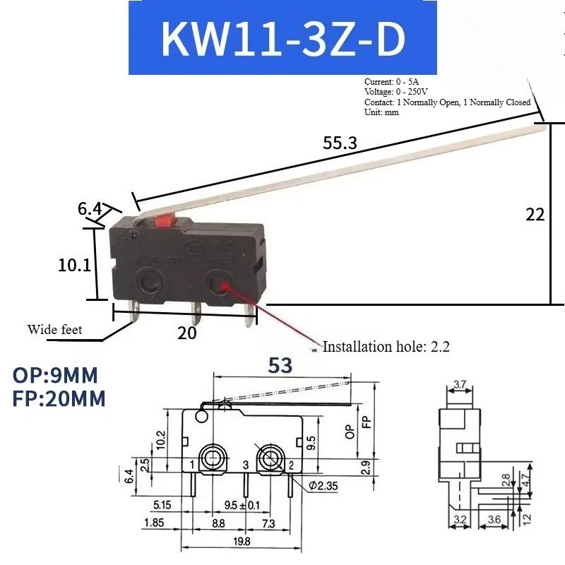 

10PCS KW11 Micro Switch 2/3Pin NO/NC Mini Limit Switch Mechanical Travel 5A 250VAC Roller Arc Lever Snap Action Push Switches