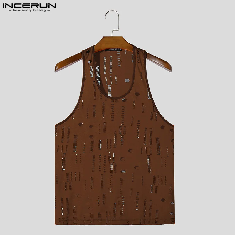 Men Tank Tops Hollow Out Solid O-neck Sleeveless Vests Streetwear 2024 Fitness Summer Sexy Fashion Men Clothing INCERUN S-5XL