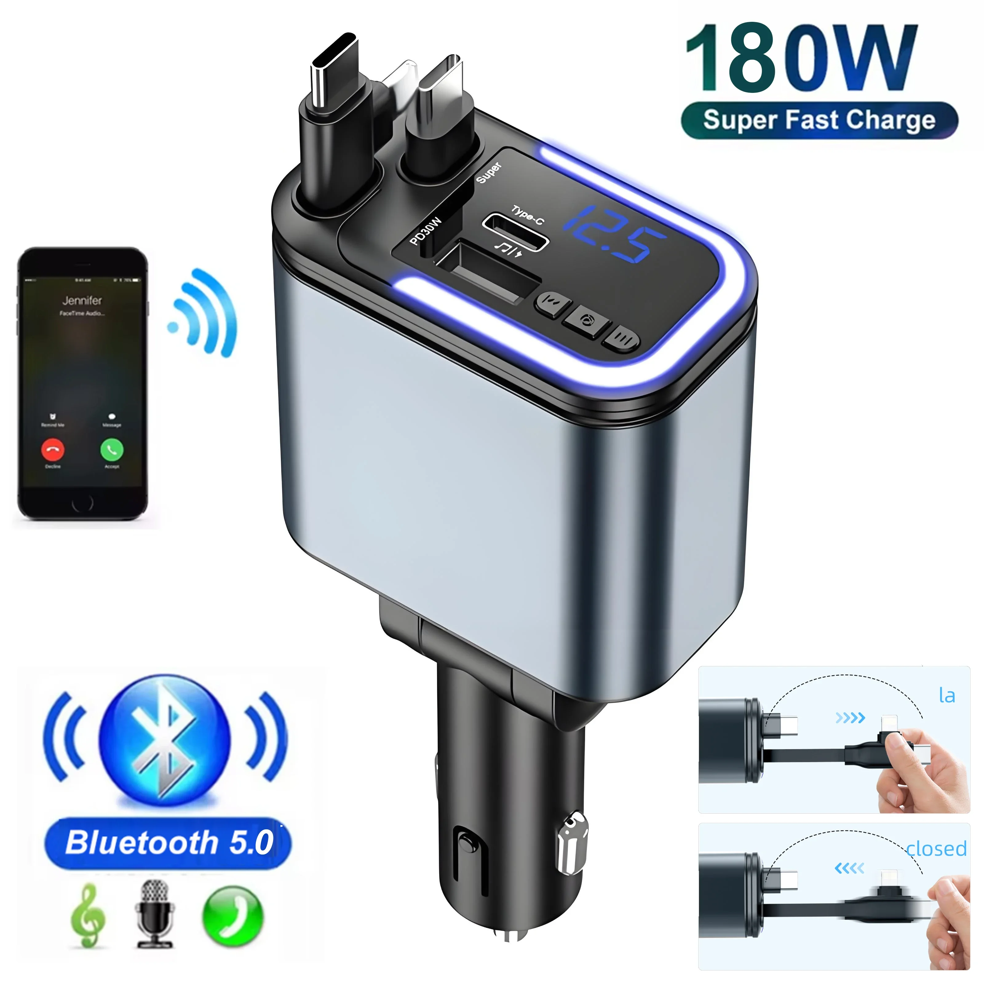 

Выдвижное автомобильное зарядное устройство 180 Вт 5-в-1 Bluetooth Автомобильный комплект FM-передатчик Быстрое зарядное устройство для телефона Громкая связь U-disk Aux со светодиодной подсветкой