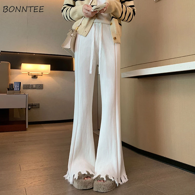 

Flare Pants Women Tassel Knitted High Waist Drawstring Casual Mopping All-match Solid Daily Autumn Trousers Trendy Ins Female