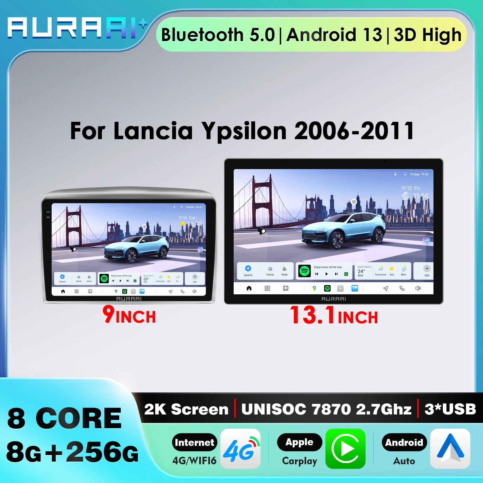 Hizpo 2din 8G+256G Carplay Android Auto for Lancia Ypsilon 2006-2011 4G+Wifi Support 3D Car model With Tesla Style Driving SWC