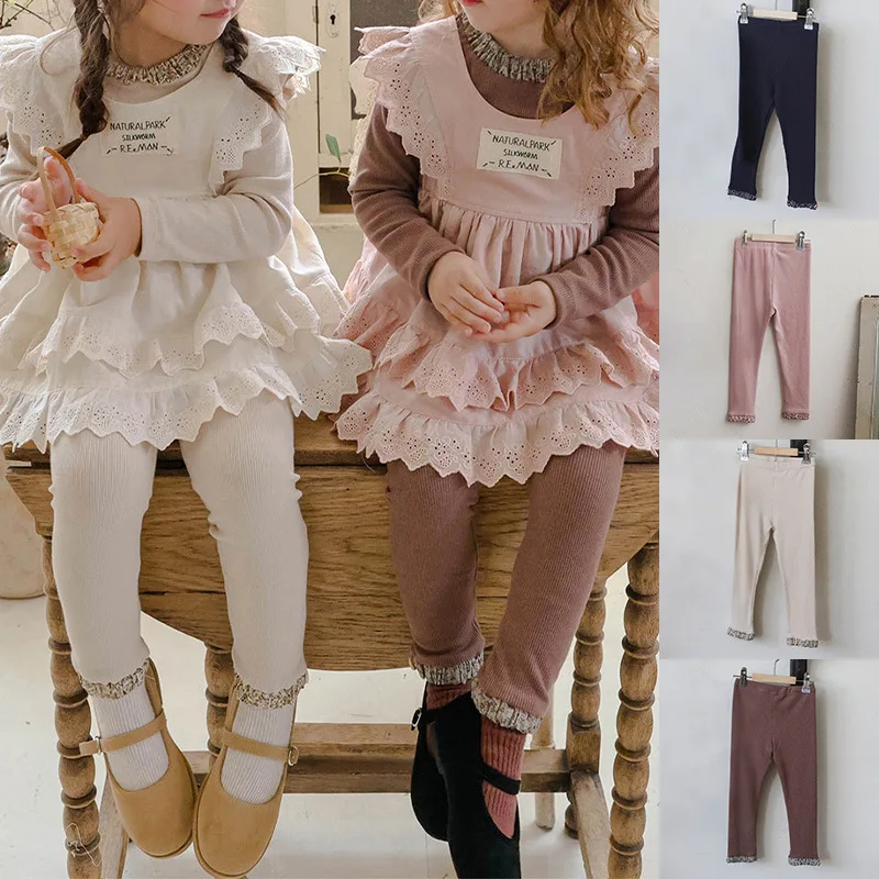 

2025 Autumn New Korean Children Girls Sweet Fragmented Lace Cotton Soft Elastic Slim Fit Versatile Leggings