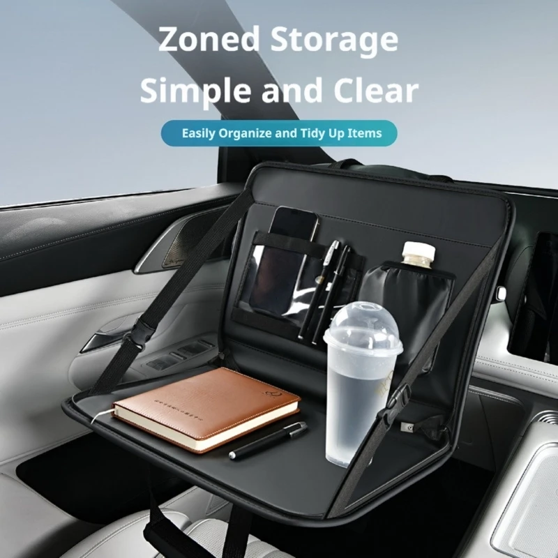 Car Back Desk Table Tray with Fold-Flat Board, Hanging Belts, Leather-Look Panel, Cup Sleeve for In-Car Meals and H9EE