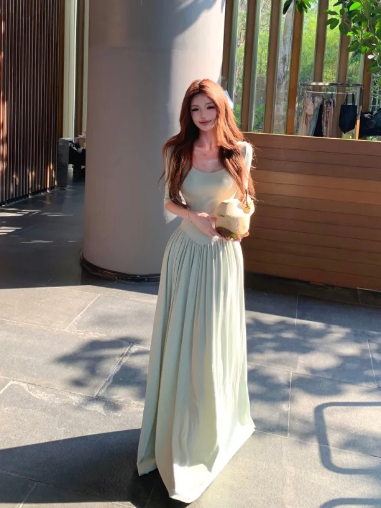 

Elegant Green Midi Dress Women's A-Line Skirt Slimming Chic Sleeveless Dress Summer Waist-Cinching Gentle Wind Style Long Dress