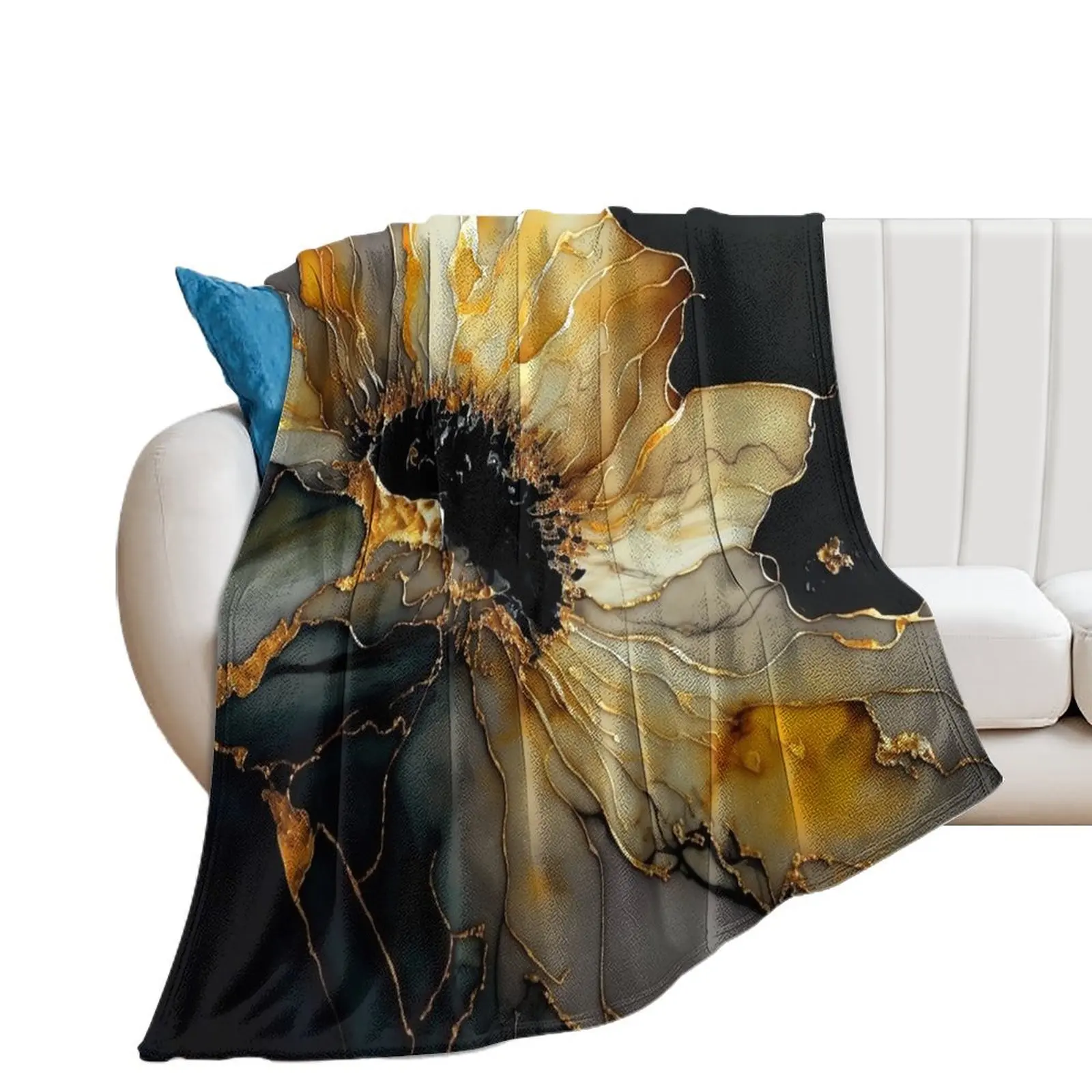 

Organic Sunflower - Semi Abstract Alcohol Ink Resin Art Throw Blanket Plush Decorative Throw Blankets